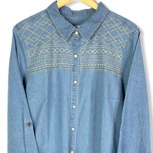 D&Co. Button Up Denim Chambray Long Sleeve Blouse